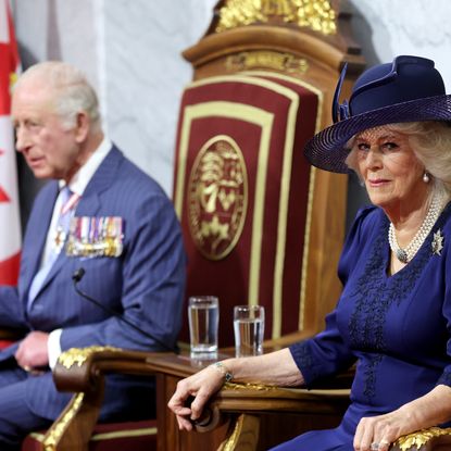 King Charles and Queen Camilla sitting on thrones wearing a blue dress and suit