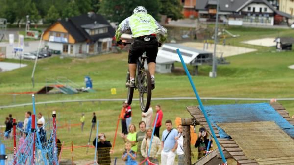 A rider on the downhill course at Kranjska Gora in Slovenia.