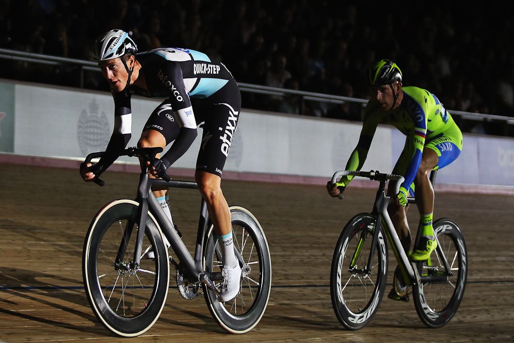 Niki Terpstra of The Netherlands and the Etixx QuickStep team leads Michael Morkov of Denmark and Tinkoff-Saxo in the Elimination race
