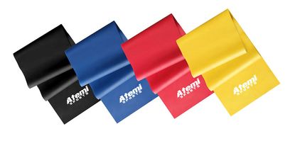 A black, blue, red a yellow example of the Atemi Resistnace bands