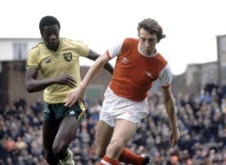 Arsenal's Sammy Nelson competes for the ball with Norwich City's Justin Fashanu in April 1979.