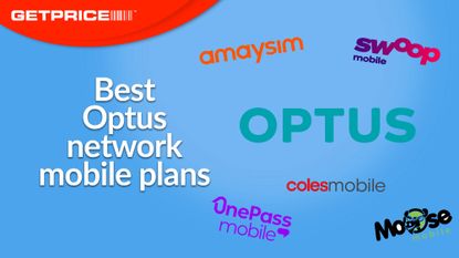 Blue background with white writing that says Best Optus network mobile plans with an Optus logo next to it and other network logos around it