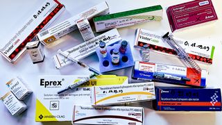 CHATENAY, FRANCE - FEBRUARY 25: Different drugs are displayed which may be used when doping with EPO on February 25, 2015 in Chatenay, France. (Photo by Frederic T Stevens/Getty Images)