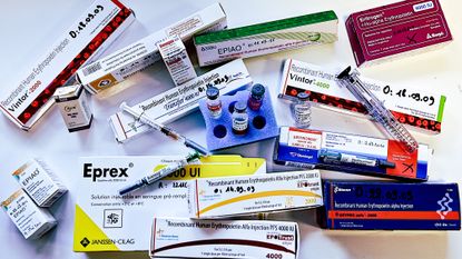 CHATENAY, FRANCE - FEBRUARY 25: Different drugs are displayed which may be used when doping with EPO on February 25, 2015 in Chatenay, France. (Photo by Frederic T Stevens/Getty Images)