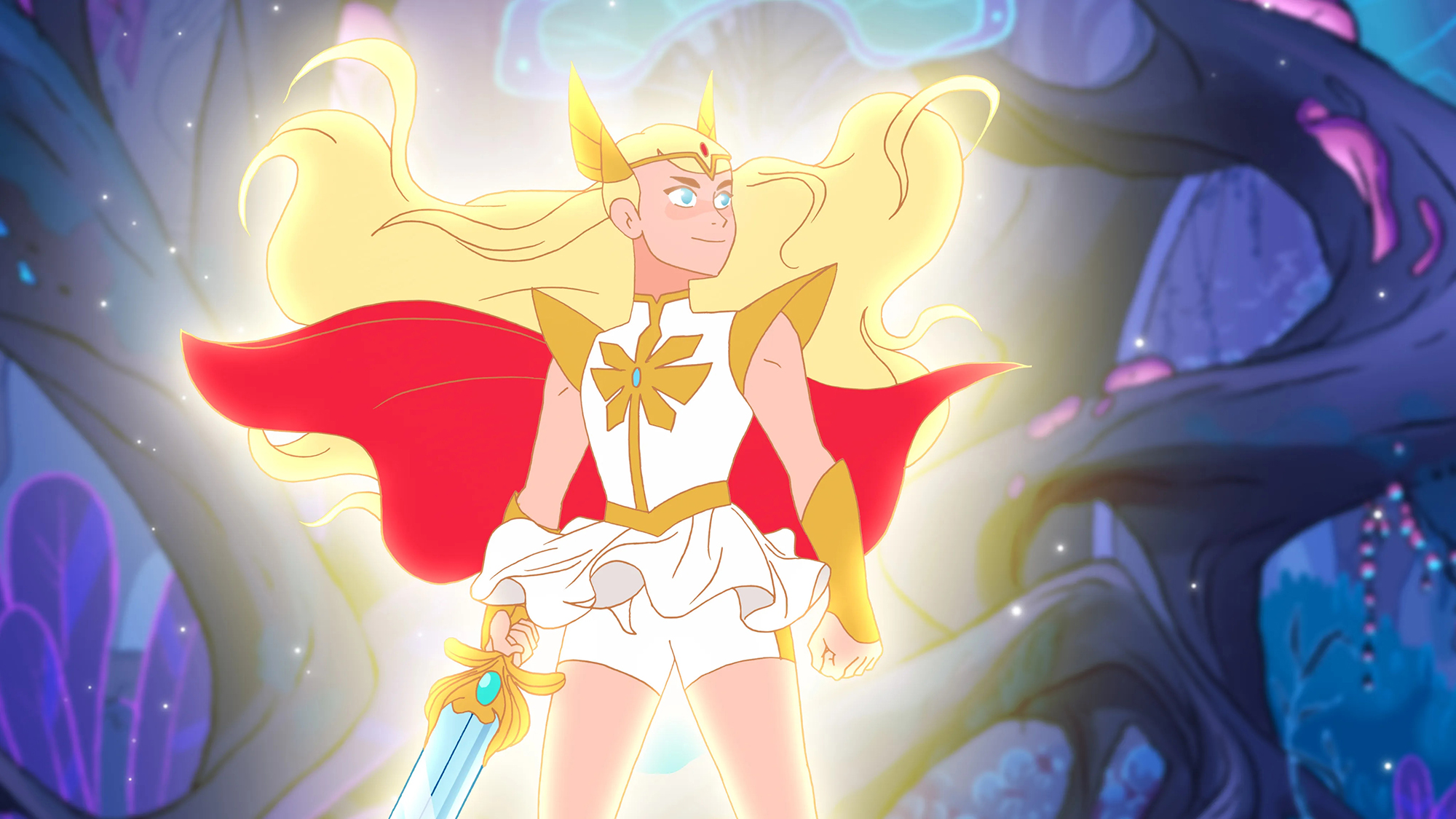 Adora holding the Sword of Protection and glowing in Netflix's She-Ra and the Princesses of Power TV show