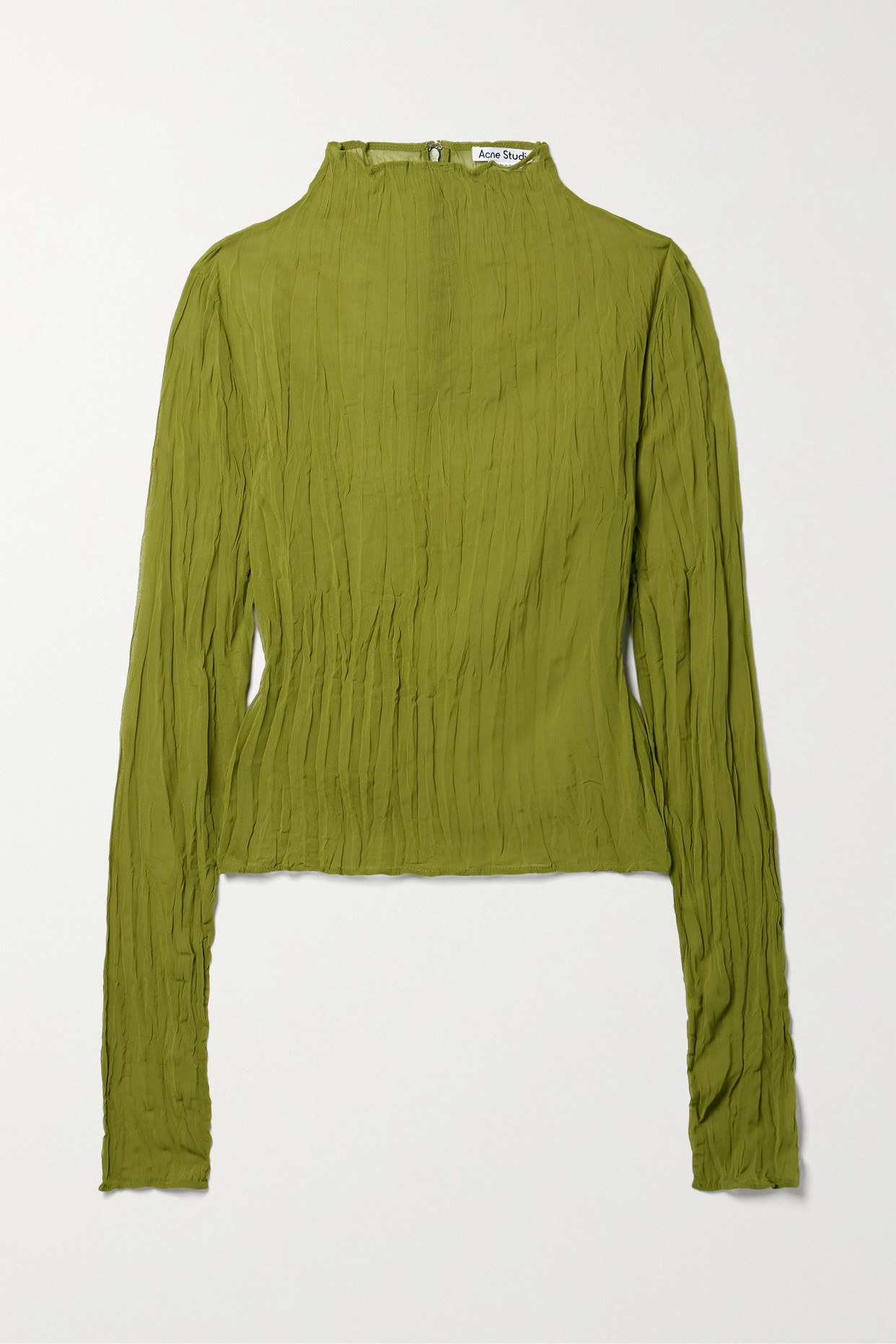 Crinkled-Georgette Long-Sleeve Top in olive green with a mock neck