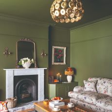 A colour-drenched green living room with a floral sofafringe-trimmed table lamp and gold ceiling light fixture