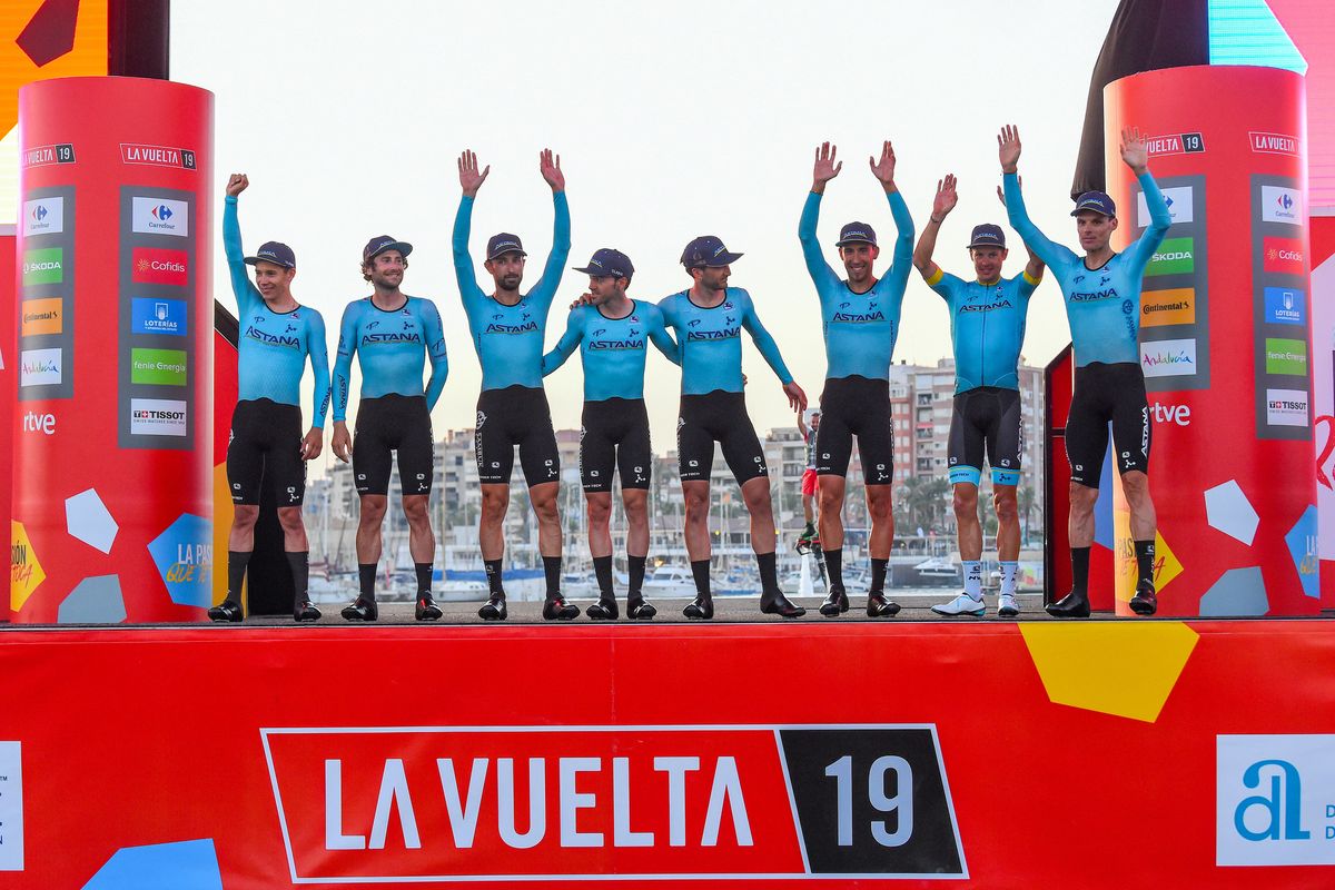 Astana on the podium after winning the TTT