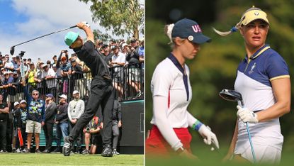 Joaquin Niemann hits a golf shot, Nelly Korda and Charley Hull wait on the tee