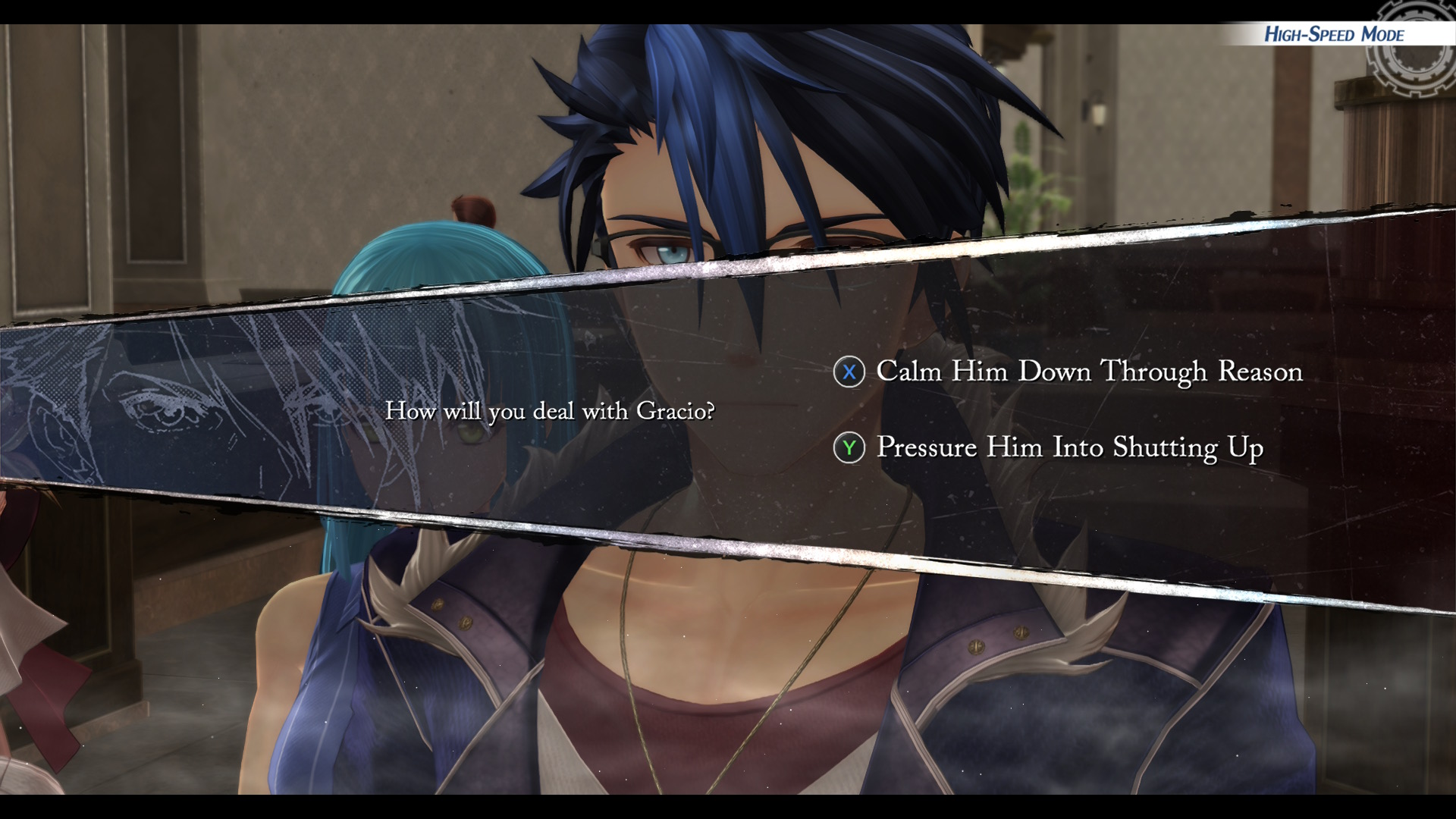 Van Arkride during a quest in Trails Beyond the Horizon has the choice to either 'Calm him down through reason' or 'Pressure him into shutting up'