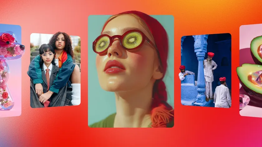 Adobe creative trends report - woman with kiwi glasses on her eyes next to boy and girl 