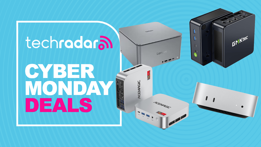A selection of mini PCs on a light blue background next to a TechRadar badge reading &#039;Cyber Monday deals&#039;