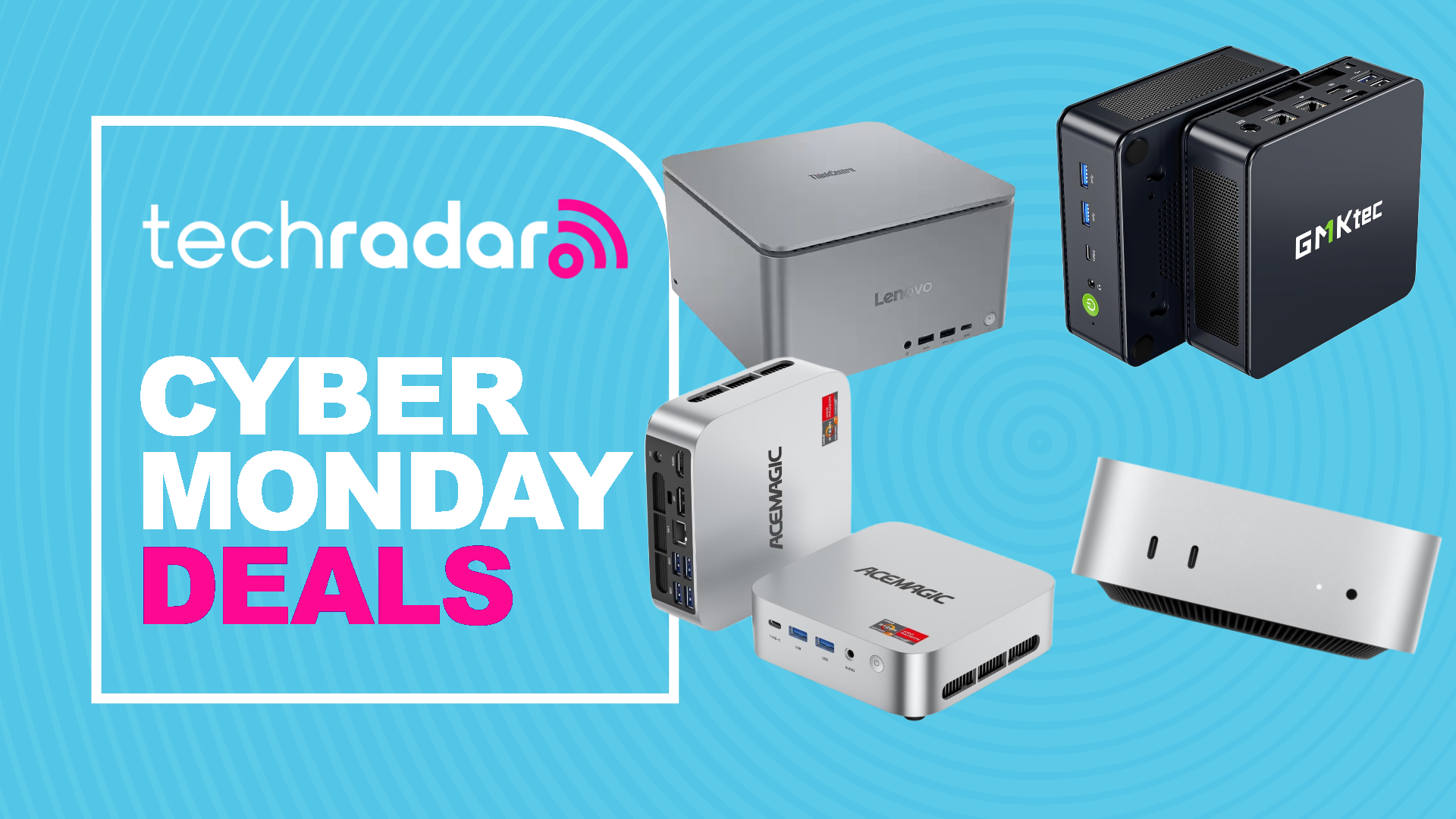 A selection of mini PCs on a light blue background next to a TechRadar badge reading &#039;Cyber Monday deals&#039;