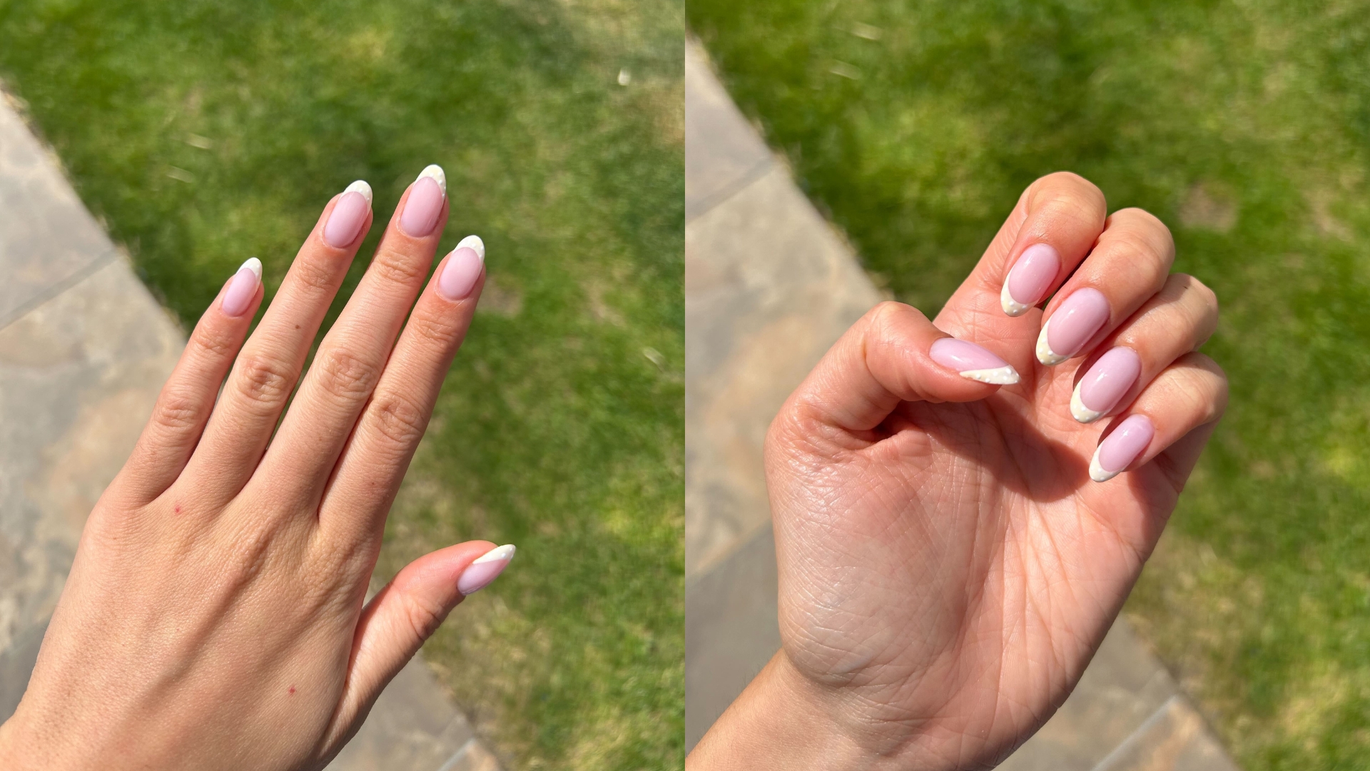 Two close-ups of Digital Beauty Writer, Sennen Prickett's hands, which feature pastel yellow and white polka dot French tip nails.