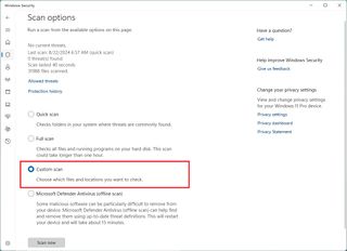 Microsoft Defender Antivirus custom scan option