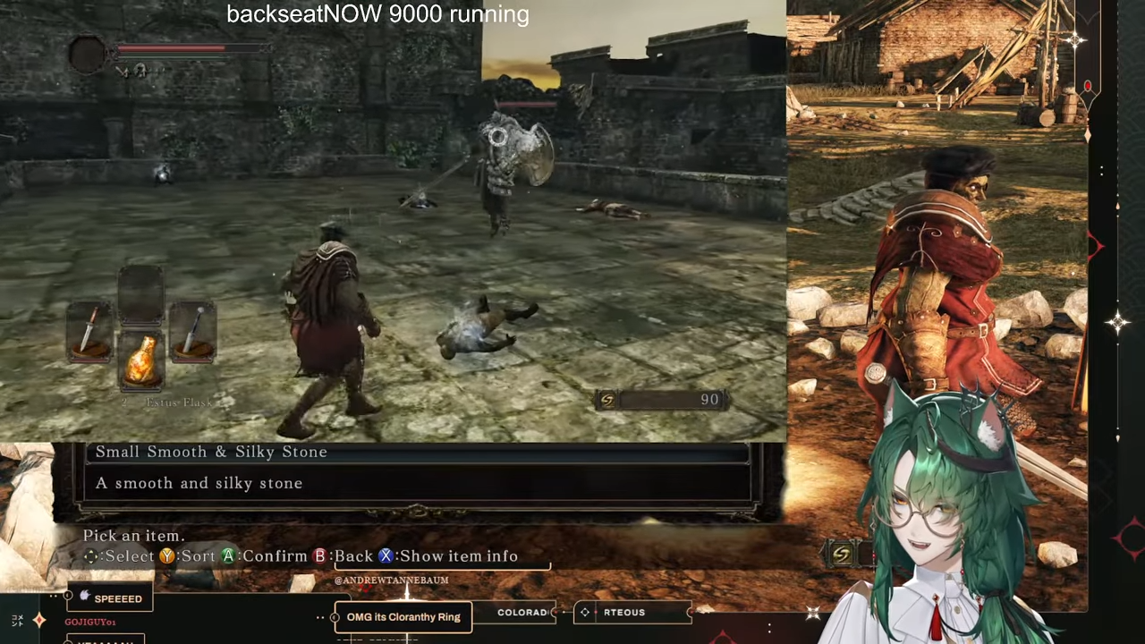 VTuber girl_dm_ watches as a community member uses streaming tool backseatNOW 9000 to backseat game and show her cool things in Dark Souls 2.