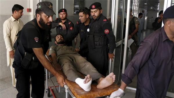 A soldier injured during Friday&amp;#039;s Taliban attack in Peshawar.