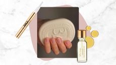 A close-up picture of a hand with bare, healthy-looking nails, holding a bar of Diptyque soap, created by nail artist and Digital Content Creator, Mateja Novakovic (@matejanova), alongside two product shots of the Navy Professional nail serum brush-pen and the Sally Hansen cuticle oil/ on a white and grey marble-effect template