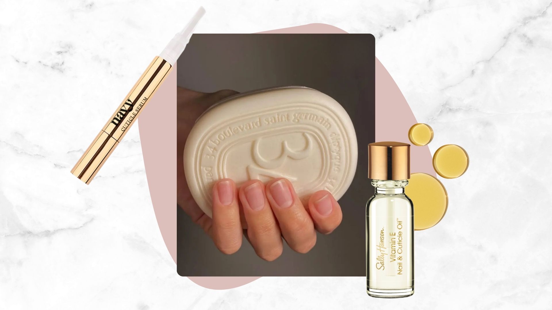 A close-up picture of a hand with bare, healthy-looking nails, holding a bar of Diptyque soap, created by nail artist and Digital Content Creator, Mateja Novakovic (@matejanova), alongside two product shots of the Navy Professional nail serum brush-pen and the Sally Hansen cuticle oil/ on a white and grey marble-effect template