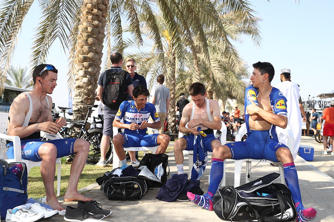 The Quick-Step Floors team prepare for stage 3 of the Tour of Oman.