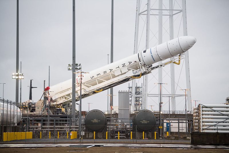 The Antares rocket and Cygnus capsule headed to the International Space Station on Feb. 9, 2020, was raised to vertical position on a launchpad at NASA&#039;s Wallops Flight Facility in Virginia.