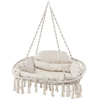 boho off-white hanging garden chair with tassels
