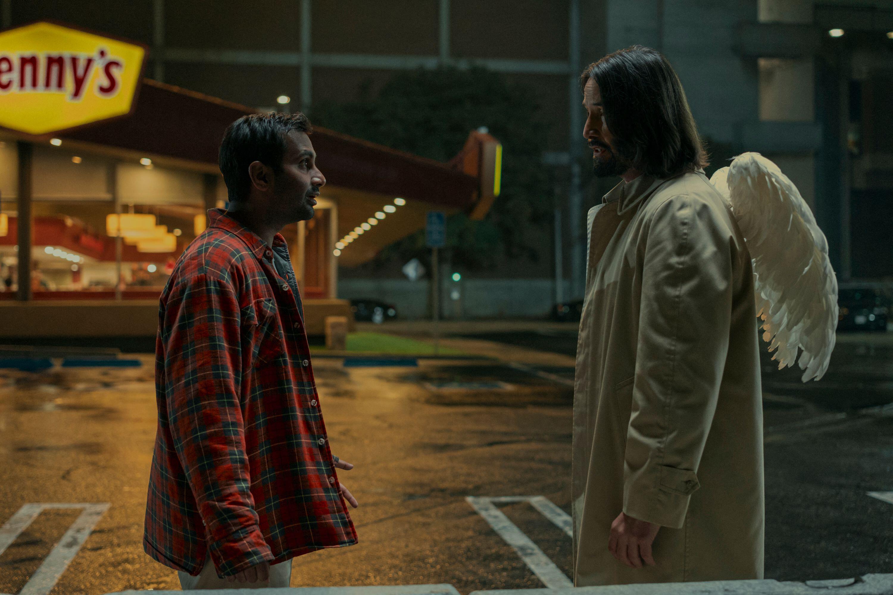 (From L to R) Aziz Ansari as Arj and Keanu Reeves as the angel Gabriel in Good Fortune, now streaming on Prime Video