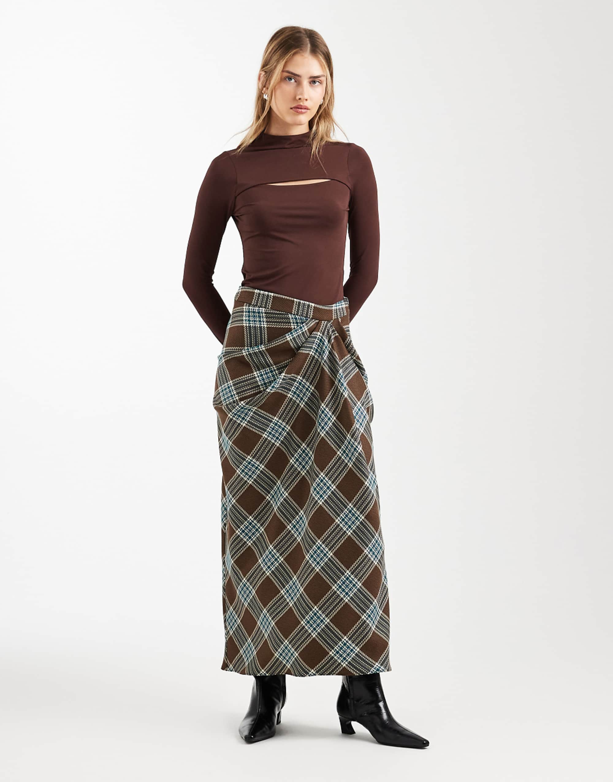 Asos Design Drape Detail Maxi Skirt in Check