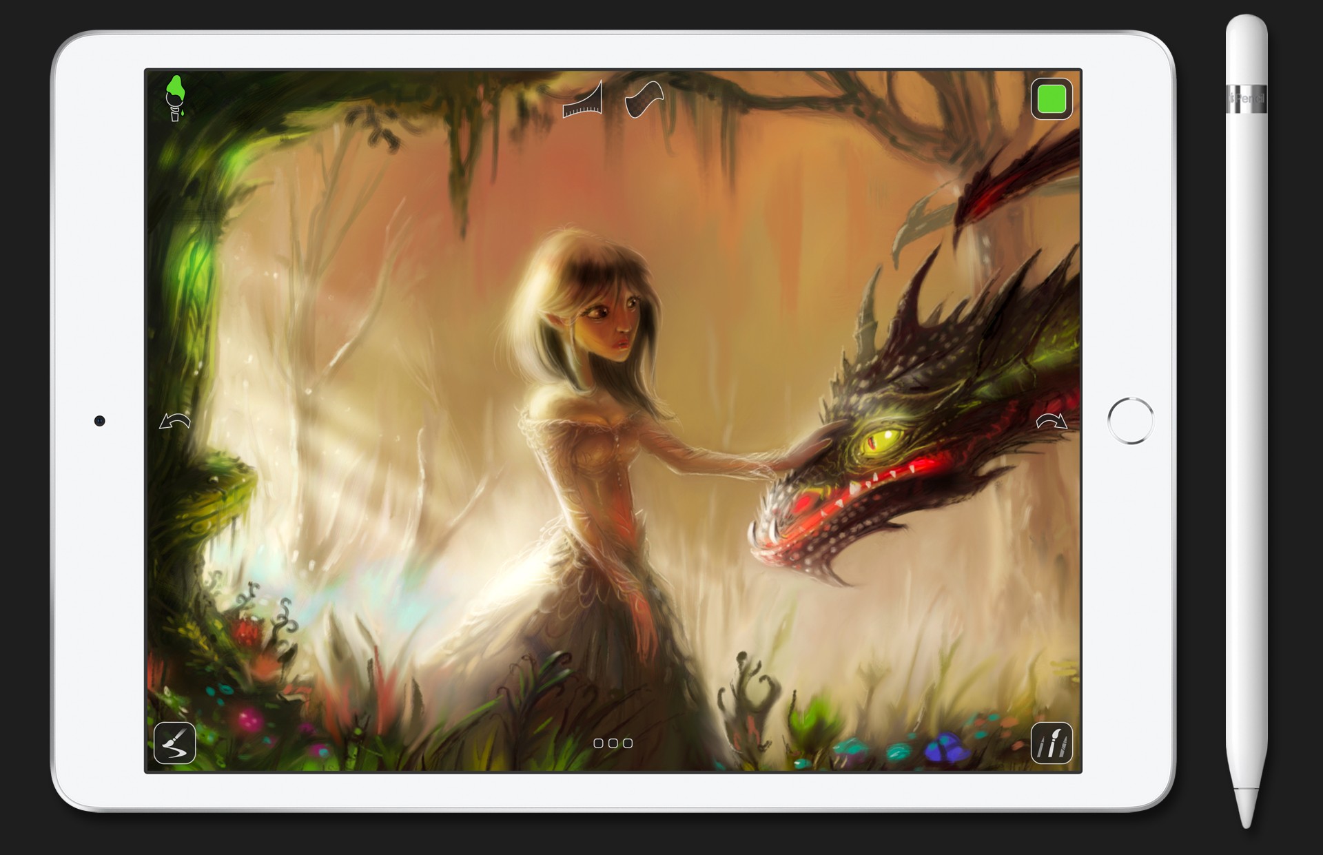 Digital painting of a girl and her dragon on drawing app for iPad Inspire Pro