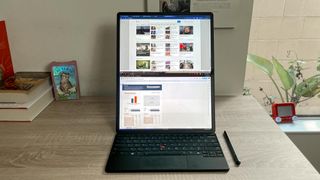 Lenovo ThinkPad X1 Fold 16 review unit on a desk