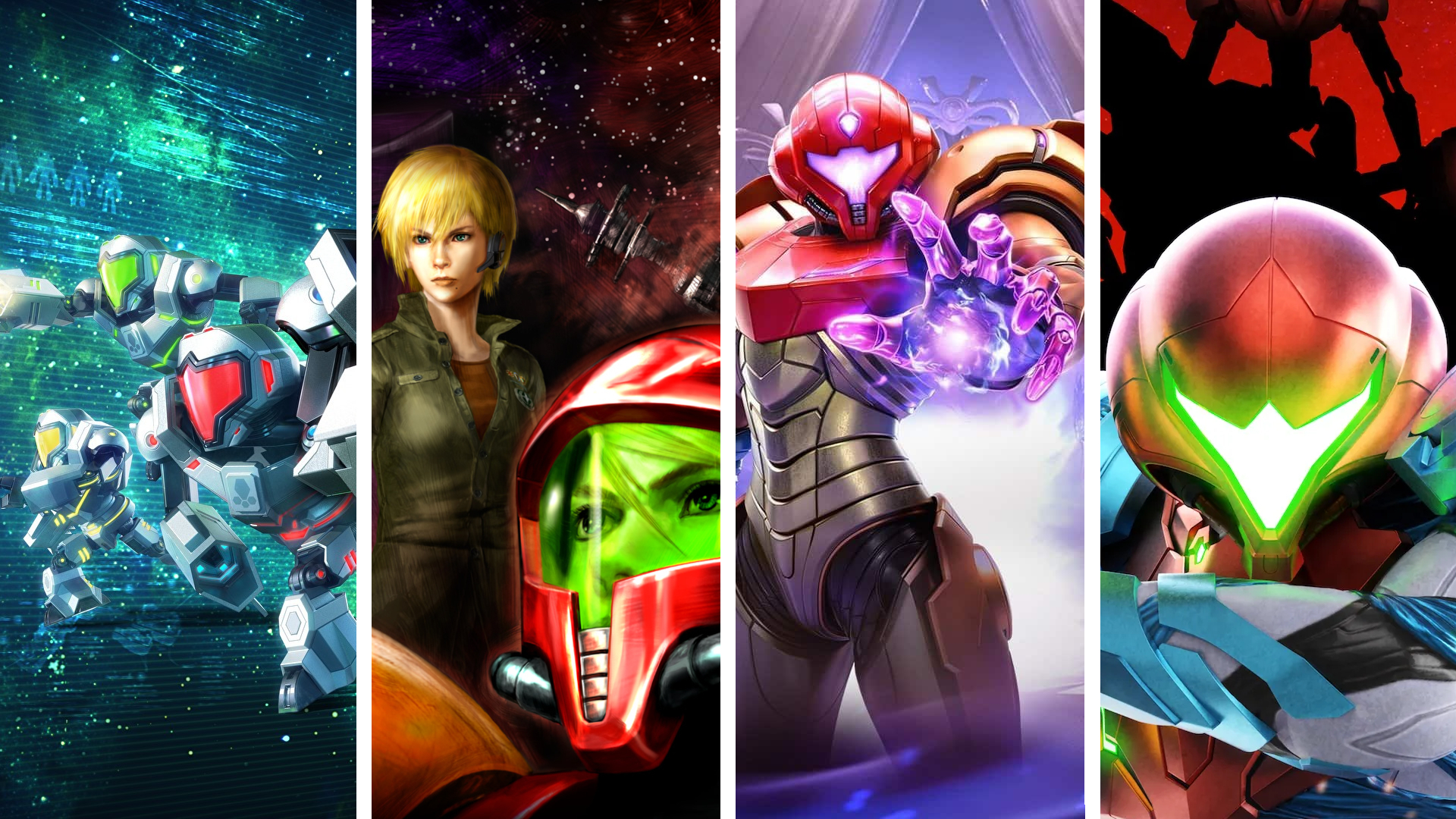 Split image showing screenshots from various Metroid games.