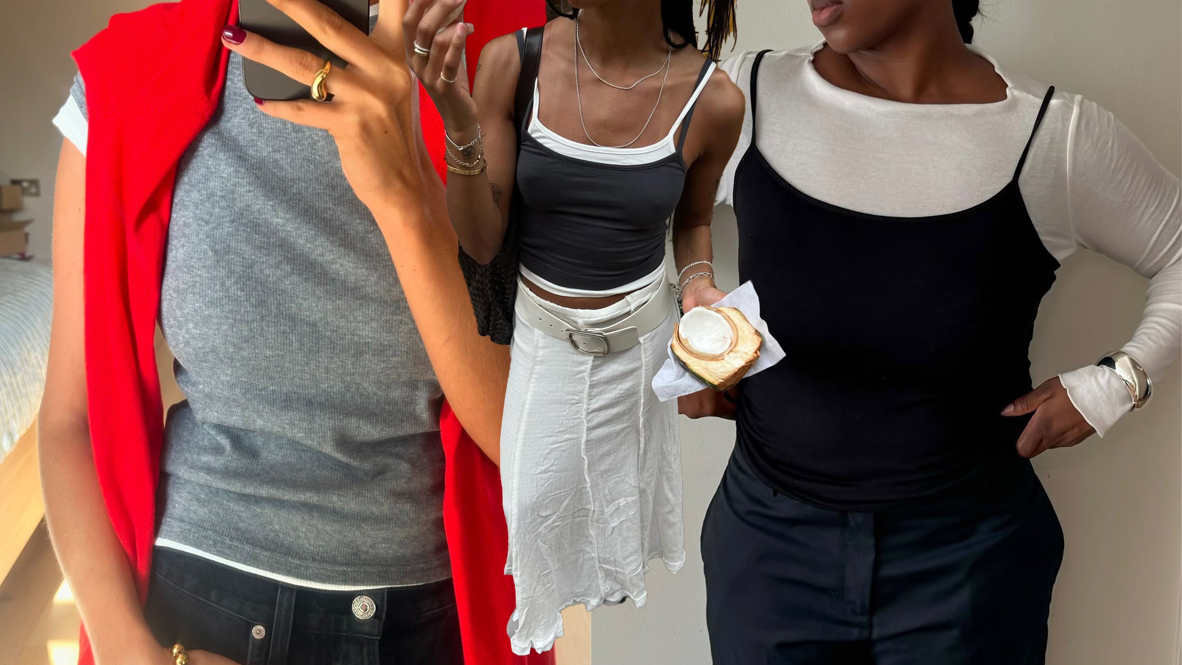 Collage of influencers outfit inspo. Marianne wears a grey and white tank with a red sweater. Nnenna wears a white long-sleeved shirt and a black tank on top of it. Amaka wears two tank tops and a white maxi skirt with a white belt. 