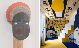 Left: Totem artwork. Right Living room space, yellow blue and white theme, white and yellow steps, arched floor standing lamp