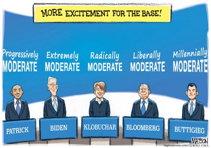 Political Cartoon U.S. Moderate Democrats debate 2020