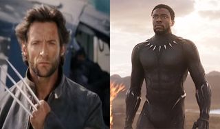 Hugh Jackman with Wolverine's Adamantium claws and Chadwick Boseman in Blank Panther's Vibranium sui