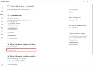 Virus & threat protection settings option