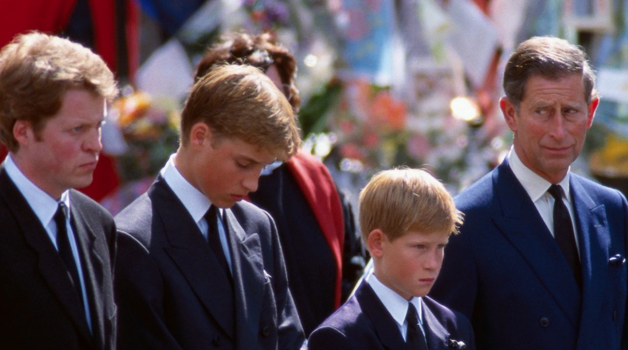 Earl Charles Spencer, the younger brother of Princess Diana, stands with Prince William, Prince Harry, and Prince Charles at the funeral of Diana, Princess of Wales, only seven days after she was killed in an automobile accident in Paris.