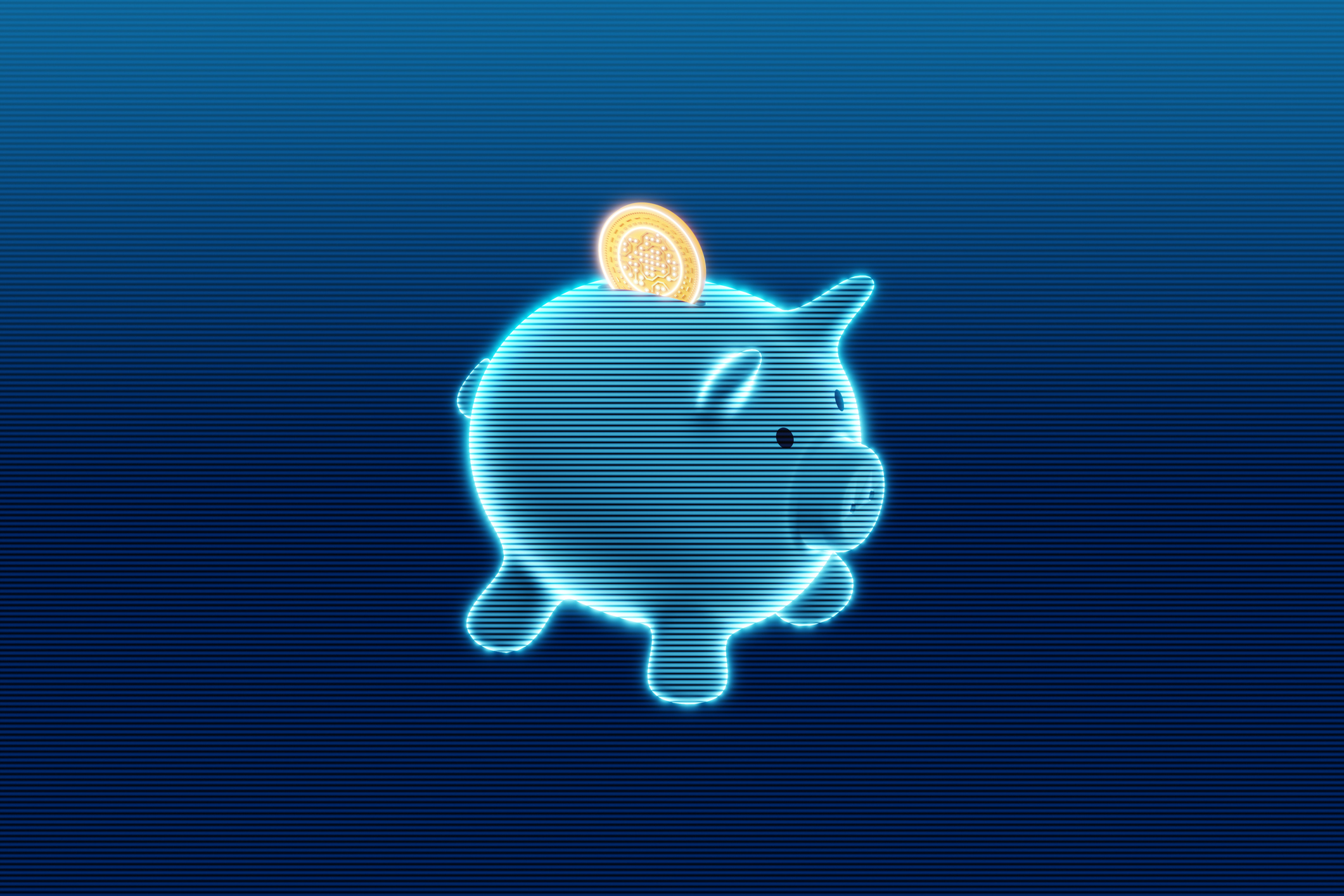 Digital currency coin saved within a piggy bank representing cryptocurrency in an ISA