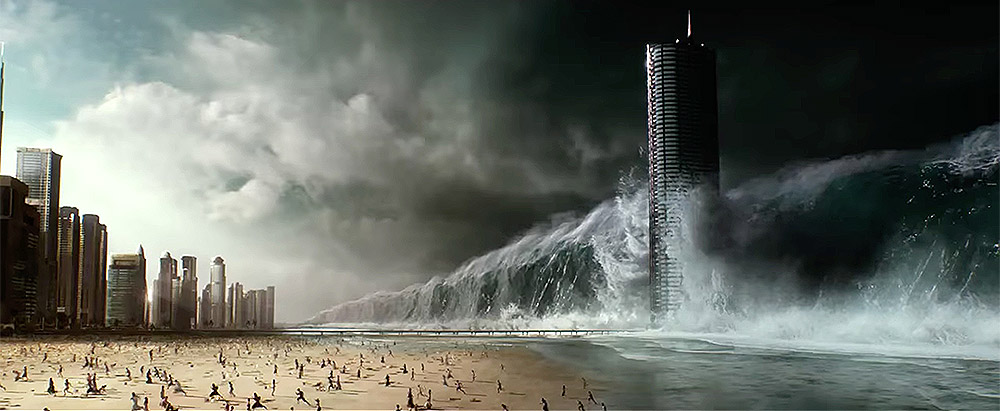 A giant wave swirls up to a beach and tall buildings