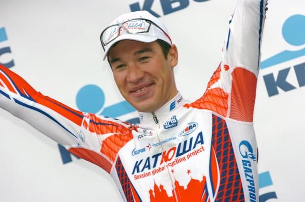 Denis Galimzyanov (Katusha) on the podium after winning stage two.