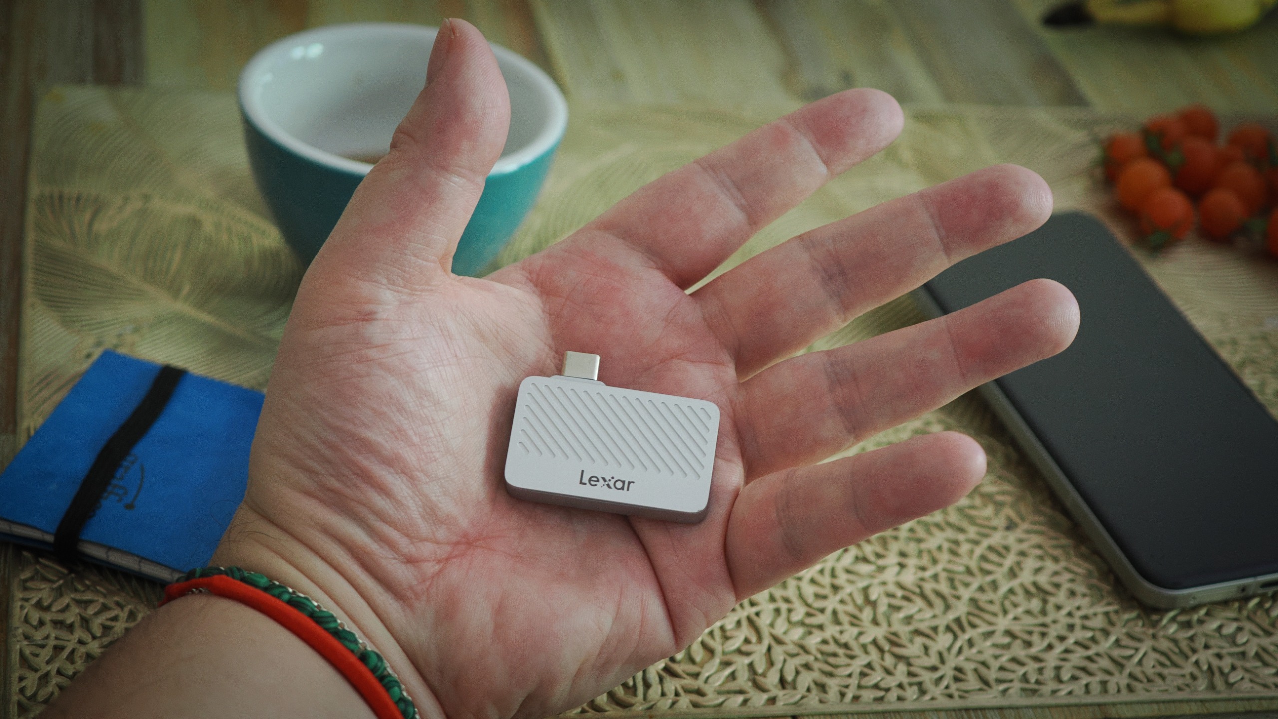 Lexar Professional Go Portable SSD being used in a cafe