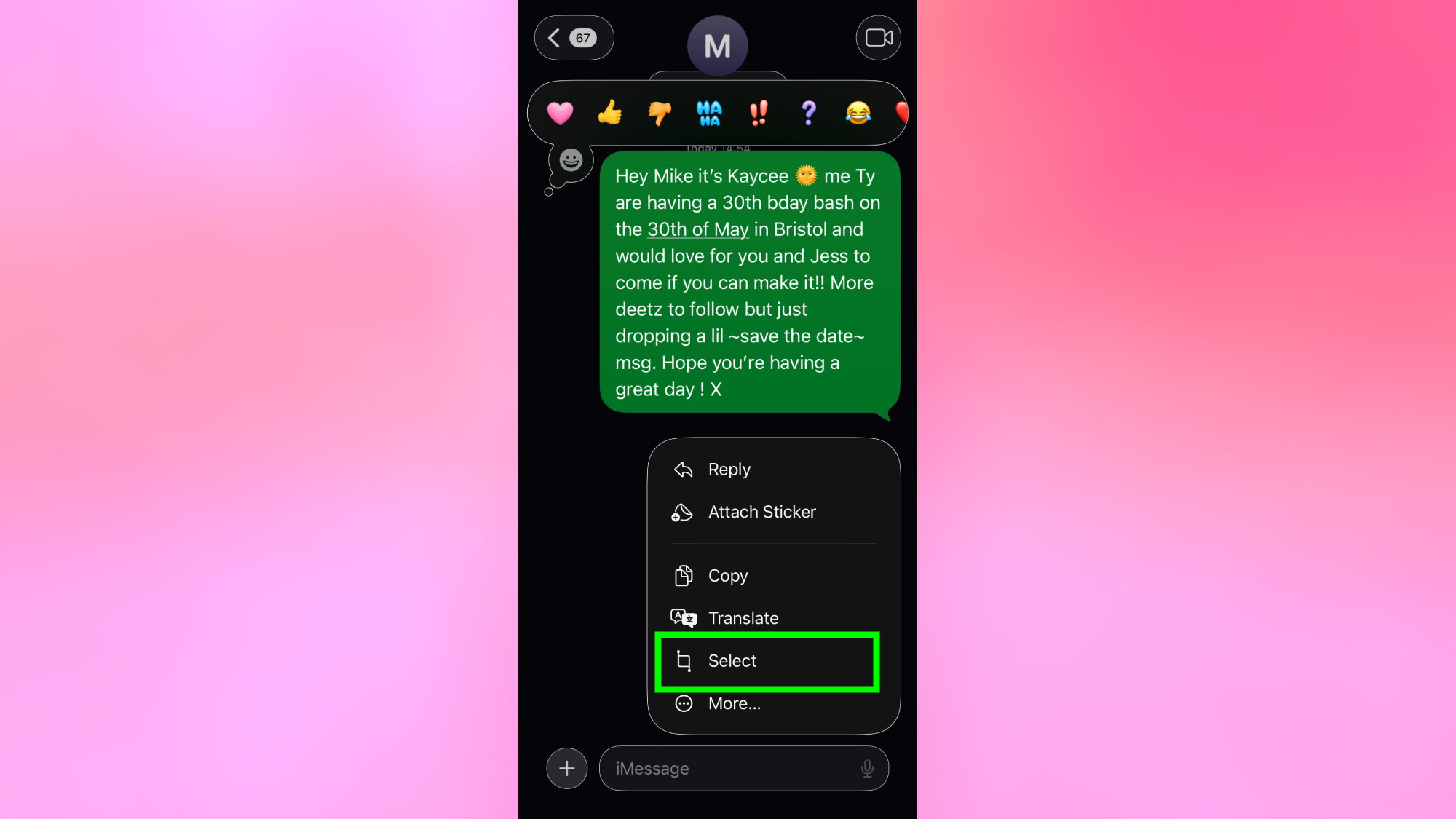 Select part of a message on iPhone 