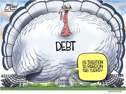 Political cartoon U.S. Thanksgiving turkey pardon debt