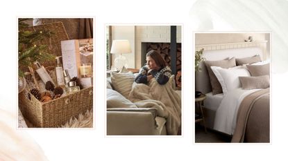 compilation image of The White company sale products including bedding, gift hampers and cosy throws