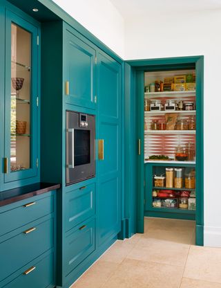 Pantry with teal colored cabinets