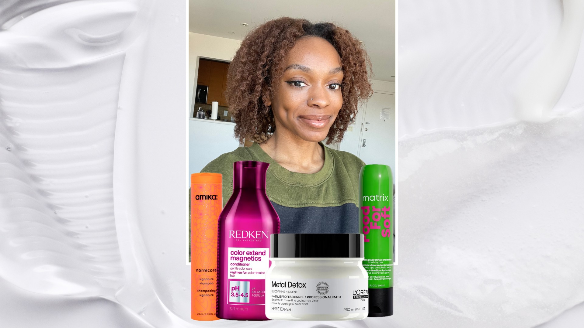 a collage featuring a selfie of a black woman with curly brown hair and four various hair products