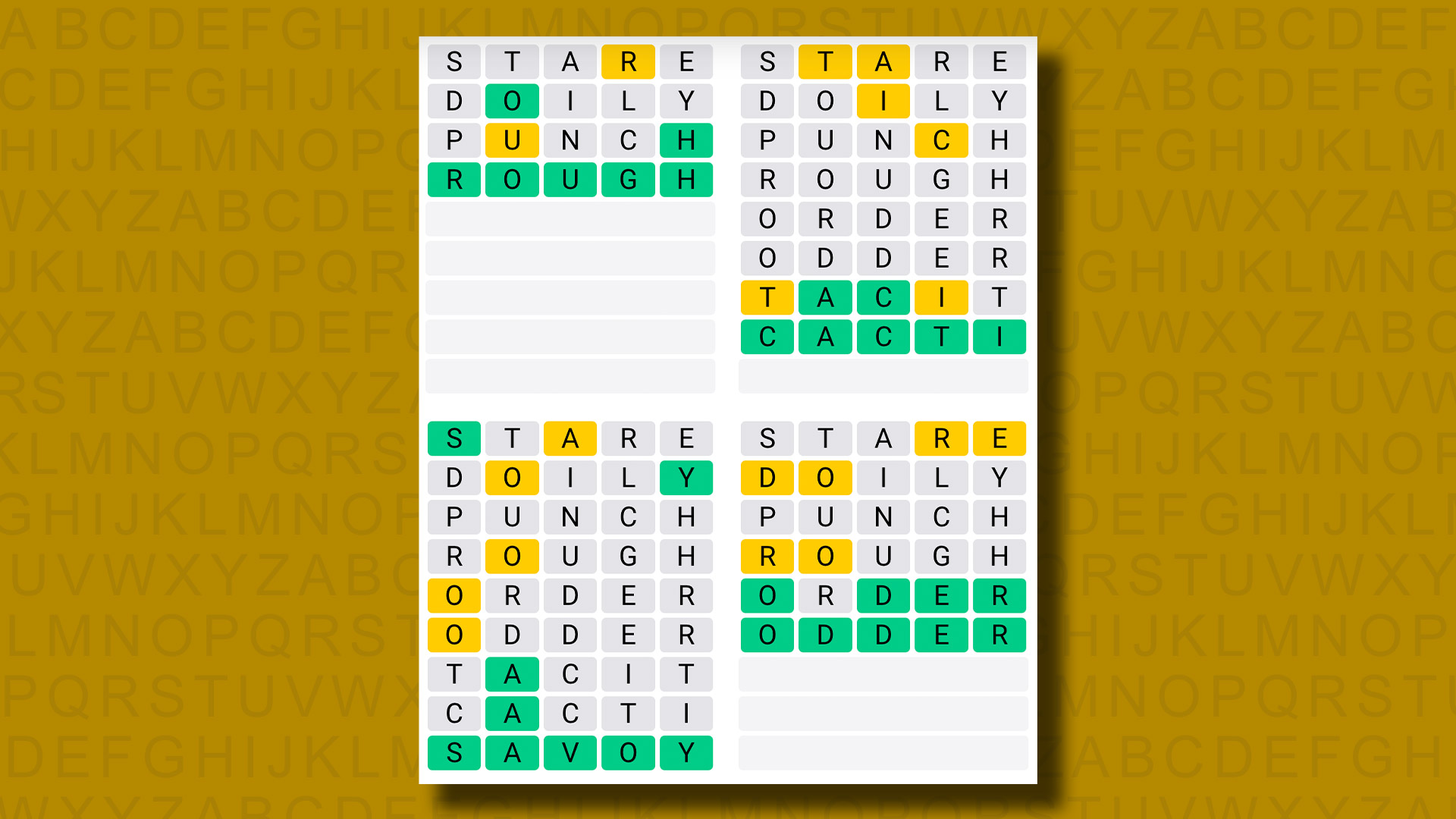 Quordle responde al juego 961 sobre un fondo amarillo