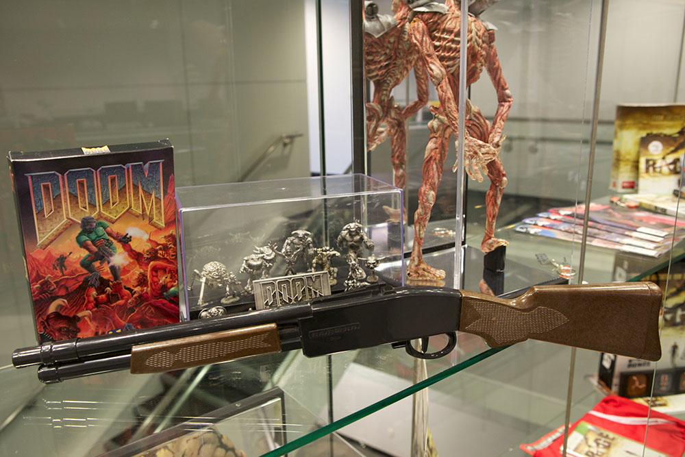 id Software studio display, showcasing DOOM memorabilia