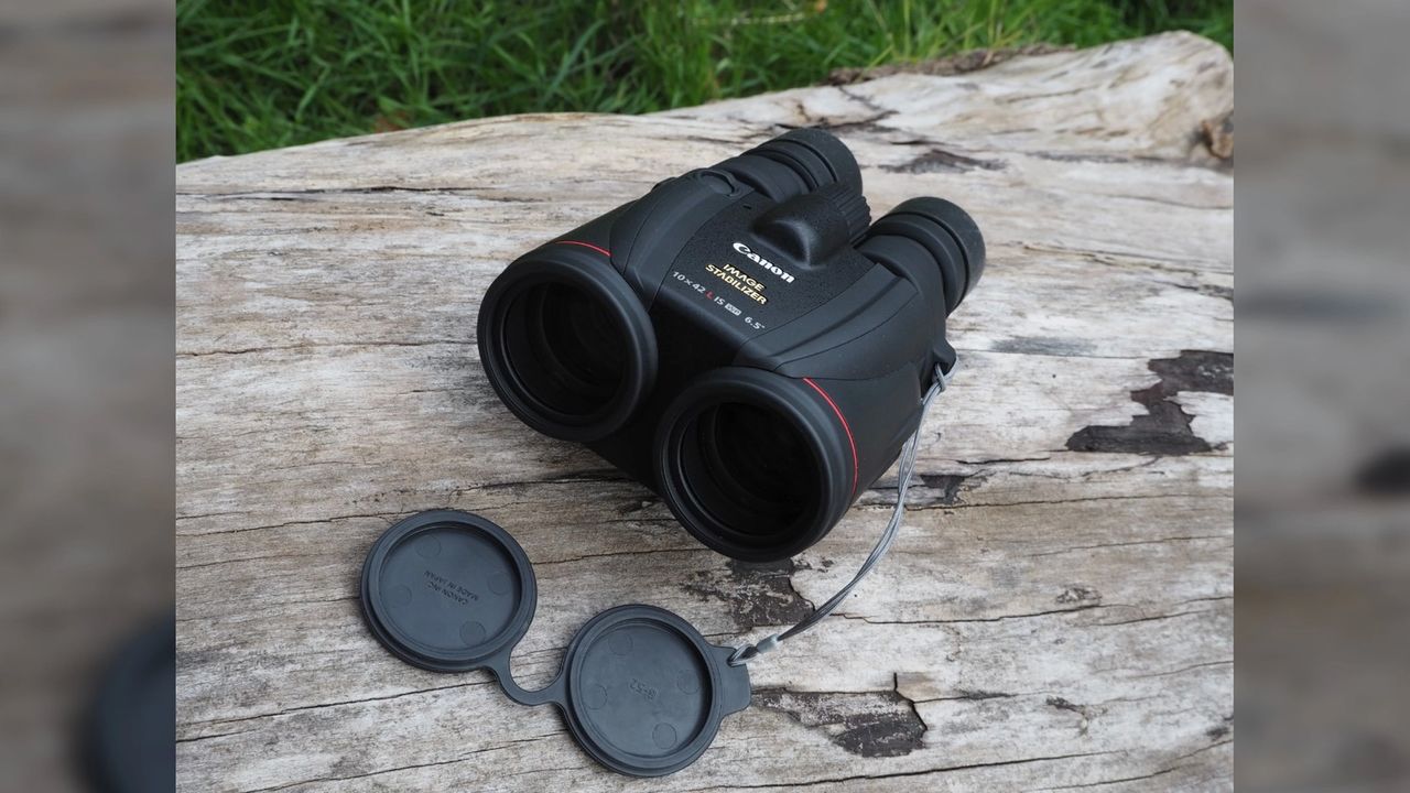 Canon 10x42L IS WP on a wooden table