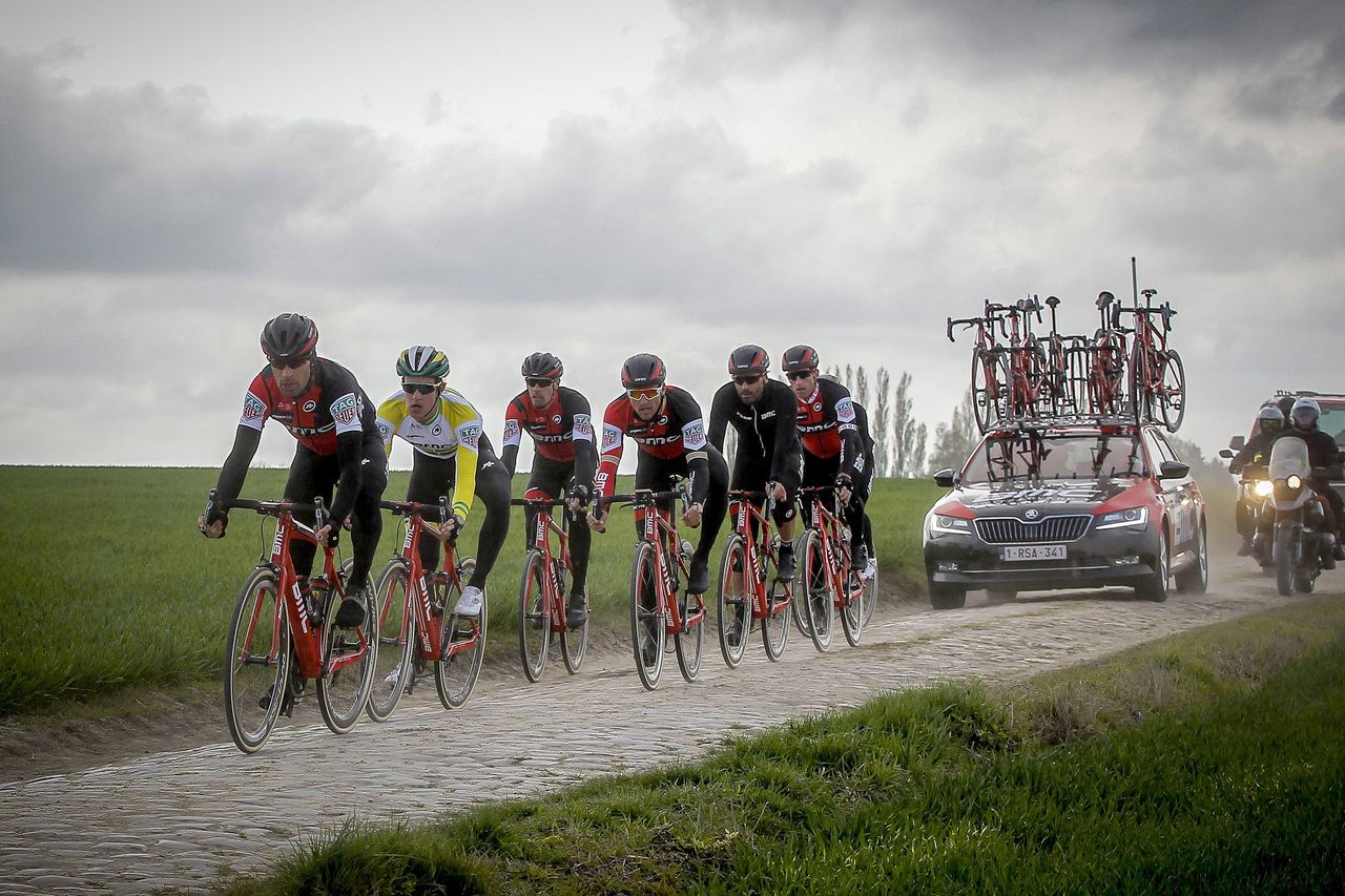 BMC during a training - reconnaisance of the cobblestones sections of Paris-Roubaix